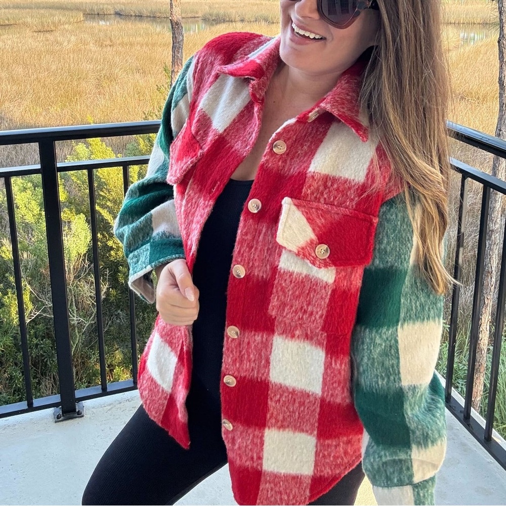 NWT Davi & Dani Red & Green Contrast Brushed Plaid Shacket Shirt Jacket 3XL